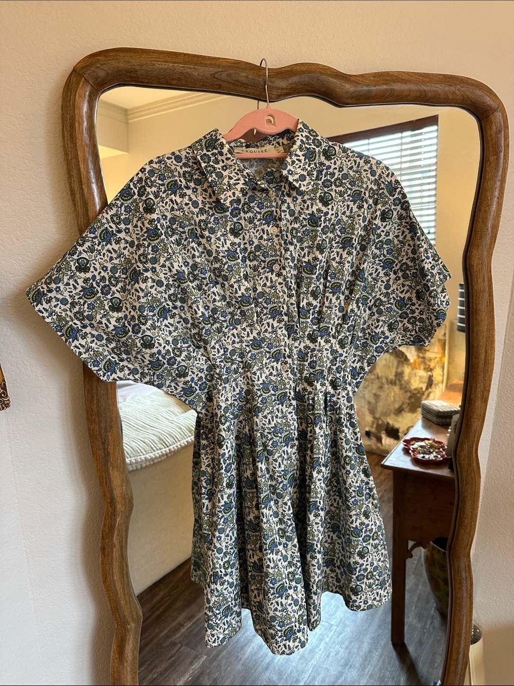 Short-Sleeve Floral Button-Front Dress in Blue and Cream
